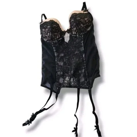 victoria’s Secret black Pink lace teddy lingerie 34B Corset Bustier Coquette Bow - Picture 1 of 11
